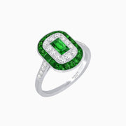 Art Deco Style Double Halo Ring Mounting with Emerald Cut Center Stone and Calibre-Cut Gemstone Halo - Shahin Jewelry